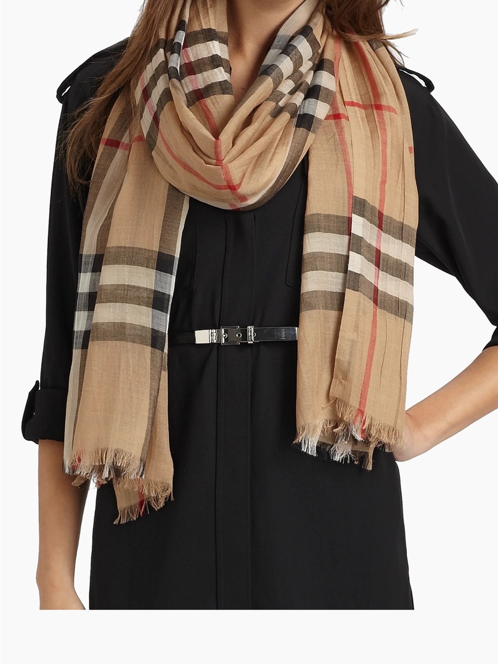 Burberry Beige Plaid Cotton-Wool Blend Scarf with Red and Black Accents